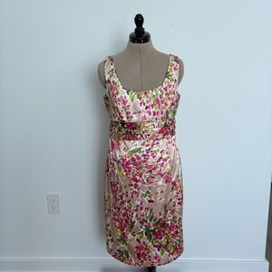 Jones New York Womens Dress 10 Petite Tan Pink Floral Print Sheath Smooth Sateen